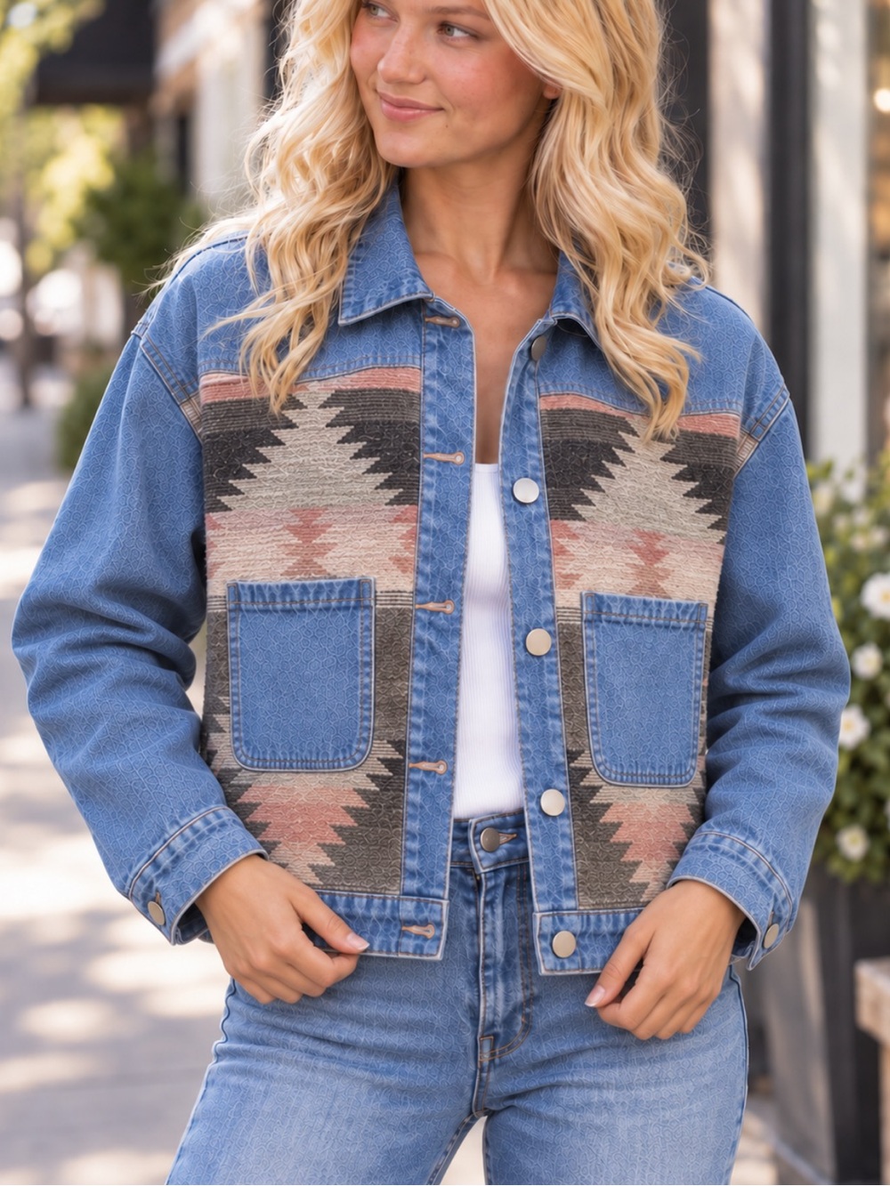 New Miss Sparkling Blue Pink Aztec Southwestern Woven Denim Jacket NWT